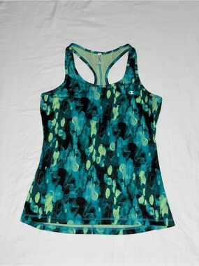 Champion Racerback Sporty Tank Top Blue/Green Retro Workout Cycling Top Size S